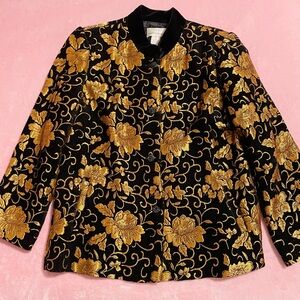 Women’s Vintage Metallic Black Gold Velvet Floral Blazer Jacket Size Medium